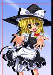  :d apron black_dress blonde_hair blush bow cowboy_shot dress hat hat_bow kiku_hitomoji kirisame_marisa looking_at_viewer open_mouth outstretched_arms purple_background reaching short_sleeves simple_background smile solo standing touhou waist_apron white_bow witch_hat yellow_eyes 