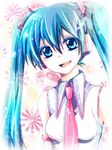  alternate_color blue_eyes blue_hair hatsune_miku headphones hiromi_(pico_milk) long_hair necktie smile solo twintails vocaloid 