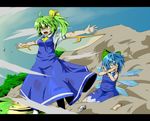  angry blood blue_hair bow cirno daiyousei dress dust fang fubuki_(ringdeng) green_eyes green_hair highres injury kneeling multiple_girls outstretched_arms protecting spread_arms torn_clothes touhou wince wind wings 