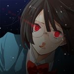  black_hair bob_cut durarara!! glasses glowing glowing_eyes red_eyes sagara school_uniform short_hair solo sonohara_anri 