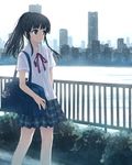  bag bangs black_eyes black_hair building keychain looking_away neck_ribbon original outdoors plaid plaid_skirt pleated_skirt ponytail red_ribbon ribbon school_bag school_uniform short_sleeves shoulder_bag sidelocks skirt skyline skyscraper solo yakka 