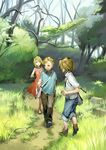  2boys :d :o ahoge alphonse_elric ankle_boots bag bangs bare_arms black_pants blonde_hair blue_eyes blue_pants bob_cut boots brothers brown_footwear bush clenched_hand collared_shirt day dress edward_elric flat_chest following forest fullmetal_alchemist grass highres holding long_sleeves looking_back multiple_boys nature noako open_mouth outdoors pants pants_rolled_up road rock running sandals satchel shirt shoe_soles shoes short_hair short_over_long_sleeves short_sleeves shoulder_bag siblings smile socks stick t-shirt tree untucked_shirt walking white_legwear white_shirt winry_rockbell yellow_eyes younger 