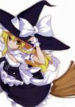  blonde_hair bow breasts broom cleavage curiosities_of_lotus_asia from_above hair_bow hand_on_headwear hat highres kirisame_marisa looking_up medium_breasts ribbon shingo_(missing_link) smile solo touhou witch_hat wrist_cuffs yellow_eyes 