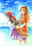  1girl bandana blue_hair chrono_(series) chrono_cross commentary_request couple day dress gin_(artist) green_eyes jewelry long_hair long_skirt necklace open_mouth red_hair rena_(chrono_cross) serge short_hair skirt skirt_hold sky traditional_media water watercolor_(medium) 