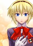 aegis_(persona) android blonde_hair blue_eyes bow highres persona persona_3 ribbon school_uniform segami_daisuke short_hair smile solo 