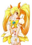  blonde_hair bow brooch cure_sunshine heartcatch_precure! heartcatch_pretty_cure! jewelry midriff miniskirt navel precure pretty_cure skirt smile twintails wink 