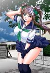  green_eyes legs one_eye_closed school_uniform serafuku skirt skirt_lift solo thighhighs wind zettai_ryouiki 