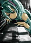  aqua_hair aqua_nails blurry depth_of_field detached_sleeves foreshortening hatsune_miku highres instrument long_hair nail_polish piano smile solo stk upright_piano vocaloid 