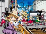  chen flandre_scarlet fujiwara_no_mokou ground_vehicle highres houjuu_nue komeiji_koishi moriya_suwako multiple_girls overhead_line pantograph polearm pyonta railroad_crossing railroad_tracks real_world_location stage_connection sukiyo touhou train train_station trident weapon yakumo_ran 