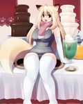  ahoge animal_ears blonde_hair blush breasts cherry curvy elbow_gloves fang food fox_ears fox_tail fruit fuyu gloves green_eyes large_breasts long_hair open_mouth original paw_print scarf solo tail thighhighs 