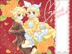  1girl bad_id bad_pixiv_id blue_eyes brother_and_sister flower heart holding_hands kagamine_len kagamine_rin musical_note siblings twins vocaloid yashiro_seika 