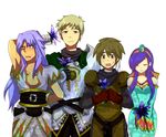  1girl 3boys armor arms_up bare_shoulders blonde_hair blue_eyes blue_hair blush brown_hair chrono_(series) chrono_cross dario dress eyes_closed female flower glenn_(chrono_cross) hairband headband jewelry karsh long_hair male mituihisasi multiple_boys necklace red_eyes riddel scar short_hair 