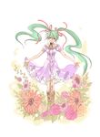  boots daisy dress flower green_eyes green_hair hair_ribbon hatsune_miku knee_boots long_hair matumisa microphone microphone_stand ribbon rose smile solo twintails very_long_hair vocaloid 