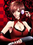  bad_id bad_pixiv_id breasts brown_hair cleavage fingerless_gloves gloves hair_over_one_eye headphones headset large_breasts meiko nail_polish red_eyes red_nails short_hair smile solo suwan vocaloid 
