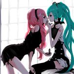  aqua_eyes aqua_hair aqua_nails arm_tattoo bare_shoulders bent_over black_dress black_legwear choker closed_mouth cosmetics covered_mouth covering_mouth crossed_legs dress eye_contact eyelashes eyeshadow from_side hair_ornament hairband hand_on_another's_chin hand_over_another's_mouth hatsune_miku holding leaning_forward long_hair looking_at_another makeup megurine_luka multiple_girls nail_polish pink_hair pink_nails profile short_dress sitting standing tattoo thighhighs uni_(nacchan) very_long_hair vocaloid yuri 