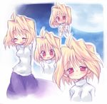  arcueid_brunestud blonde_hair blush full_moon happy kiba_(sonomama) long_skirt moon multiple_persona purple_skirt red_eyes short_hair skirt smile sweater tsukihime turtleneck 