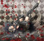  bare_shoulders black_hair black_legwear checkered checkered_background elbow_gloves flower gloves heterochromia highres legs long_hair lying md5_mismatch on_back original petals plastick reflection rose solo thighhighs very_long_hair 