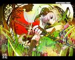  :3 bamboo bamboo_forest bandaid blue_eyes boots chibi chibi_inset cross-laced_footwear dress english fingerless_gloves forest frilled_dress frills glint gloves hairband hitodama houraisan_kaguya ichizen_(o_tori) jungle katana konpaku_youmu konpaku_youmu_(ghost) lace-up_boots nature ribbon short_hair silver_hair solo sword touhou wallpaper weapon 