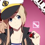  bad_id bad_pixiv_id blonde_hair blue_eyes character_name digital_media_player earbuds earphones food fruit hand_up hat holding holding_food holding_fruit k-on! kotobuki_tsumugi listen!! long_hair nanao_(mahaya) peaked_cap sailor_hat smile solo star strawberry 