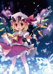  :d bell_(oppore_coppore) blonde_hair blood bug butterfly empty_eyes flandre_scarlet glowing hat insect light_particles open_mouth red_eyes short_hair side_ponytail smile solo touhou wings 