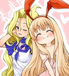  amae_koromo animal_ears blonde_hair blue_eyes blush bunny_ears casual chiru long_hair multiple_girls one_eye_closed ribbon ryuumonbuchi_touka saki smile strap_slip 