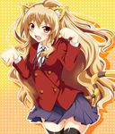  aisaka_taiga animal_ears bad_id bad_pixiv_id blonde_hair blush brown_eyes dansa fang long_hair paw_pose school_uniform skirt solo tail thighhighs tiger_ears tiger_tail toradora! zettai_ryouiki 