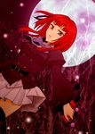  alternate_hairstyle bad_id bad_pixiv_id belt black_legwear blue_eyes full_moon highres moon pleated_skirt red_hair skirt solo thighhighs tree umineko_no_naku_koro_ni usaginotsuki ushiromiya_ange zettai_ryouiki 