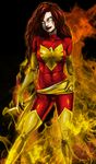  1girl bodysuit female fire gloves glowing glowing_eyes jean_grey latex latex_gloves laura_(pixiv66597) lipstick long_hair makeup marvel red_hair redhead skin_tight solo x-men yellow_eyes 