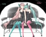  aqua_hair bad_id bad_pixiv_id blue_legwear bug butterfly butterfly_hair_ornament closed_eyes couch dress hair_ornament hat hatsune_miku headphones holding_hands insect long_hair magnet_(vocaloid) megurine_luka multiple_girls pantyhose pink_hair pink_legwear rinya sitting sleeping strapless strapless_dress top_hat twintails very_long_hair vocaloid yuri 