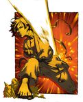  action attack bad_id bad_pixiv_id barefoot black_hair choker dougi feet makoto_(street_fighter) monochrome motion_blur orange_(color) punching reverse_trap ribbon_choker short_hair solo street_fighter street_fighter_iv_(series) tamo_imai tomboy 