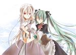  aqua_hair bow bowtie clarith closed_eyes corset donut_(artist) dress evillious_nendaiki hair_bow hatsune_miku long_hair michaela_(evillious_nendaiki) multiple_girls red_eyes shiro_no_musume_(vocaloid) smile twintails very_long_hair vocaloid voyakiloid white_hair yowane_haku 