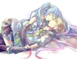  1girl bad_id bad_pixiv_id blonde_hair blue_eyes blue_hair closed_eyes detached_sleeves gradient_hair hani_(udauda) hatsune_miku headphones kagamine_len long_hair lying multicolored_hair necktie simple_background skirt sleeping straddling thighhighs very_long_hair vocaloid 