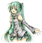  detached_sleeves green_eyes green_hair hatsune_miku long_hair necktie shio_konbu_(syoko128) simple_background skirt smile solo traditional_media twintails very_long_hair vocaloid 
