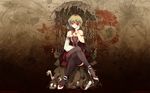  1girl blood butterfly dress female flower flowers gothic green_hair high_heels highres kazami_yuuka legs_crossed red_eyes rose shoes short_hair sitting solo touhou umbrella uruu_gekka wallpaper 