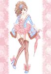  bad_id bad_pixiv_id blue_eyes brown_hair copyright_request frills gathers high_heels layla_(coco&amp;chic) legs lips pink_ribbon ribbon rococo shoes smile solo striped striped_legwear thighhighs too_many too_many_frills umbrella vertical-striped_legwear vertical_stripes 