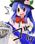  1girl blush embarrassed floating floating_object hat hinanawi_tenshi kazami_ruku keystone long_hair lowleg lowleg_panties motion_lines open_mouth panties pantyshot rope shimenawa skirt skirt_lift solo surprised sweatdrop touhou underwear 