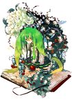  apple bad_id bad_pixiv_id book flower food fruit green_eyes green_hair harikamo hatsune_miku long_hair necktie pop-up_book skirt solo striped striped_legwear thighhighs twintails very_long_hair vocaloid 