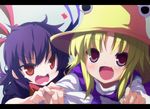  :d angry asymmetrical_wings bad_id bad_pixiv_id black_hair blonde_hair eyes fang hat houjuu_nue letterboxed moriya_suwako multiple_girls open_mouth pov red_eyes shimejinameko short_hair smile tears touhou wavy_mouth wings 