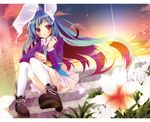  animal_ears blue_hair blush boots bunny_ears flower hiiragi_mashiro long_hair multicolored multicolored_eyes necktie open_mouth reisen_udongein_inaba sitting solo sunset thighhighs touhou very_long_hair 