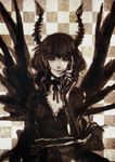  black_hair black_rock_shooter checkered curly_hair dead_master demon_girl dress evil_grin evil_smile grin horns monochrome smile solo toonikun wings 