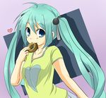  alternate_costume aqua_hair blue_eyes doughnut eating food hair_bobbles hair_ornament hatsune_miku heart long_hair shirt smile solo t-shirt tetora_(kari) twintails very_long_hair vocaloid 