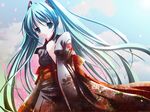  aqua_eyes aqua_hair blue_hair cherry_blossoms green_hair hatsune_miku headphones japanese_clothes kimono long_hair petals twintails vocaloid 