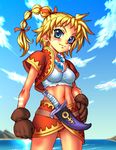  blonde_hair blue_eyes breasts chrono_(series) chrono_cross cloud commentary_request dagger day gloves jacket jewelry kid_(chrono_cross) long_hair medium_breasts midriff miniskirt multi-tied_hair necklace ocean outdoors ponytail rokko skirt sky solo tank_top water weapon 