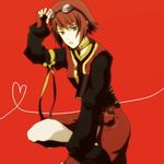  artist_request asymmetrical_clothes brown_hair choker fingerless_gloves gloves goggles goggles_on_head green_eyes heart heart_of_string red red_background rita_mordio short_hair tales_of_(series) tales_of_vesperia 