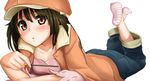  :o ankle_socks bakemonogatari blurry blush brown_hair denim depth_of_field food foreshortening hat jeans lying monogatari_(series) on_stomach pants pocky ren'ai_circulation sengoku_nadeko socks solo striped striped_legwear takebi 