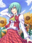  aqua_hair ascot bad_id bad_pixiv_id cloud day flower hand_on_own_head kazami_yuuka nature oukawa_yuu plaid plaid_skirt plaid_vest red_eyes short_hair skirt skirt_set slit_pupils smile solo standing sunflower touhou vest 