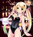  akutagawa_manbou bare_legs blonde_hair bunny_girl bunny_tail bunnysuit green_eyes leotard long_hair original solo tail tray tsukumo-tan twintails 