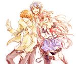  2boys angel_beats! ankle_lace-up antenna_hair arm_around_neck bad_id bad_pixiv_id blazer blue_hair brown_eyes cross-laced_footwear demon_tail green_eyes hinata_(angel_beats!) jacket long_hair multiple_boys navel one_eye_closed open_mouth orange_hair otonashi_(angel_beats!) pink_eyes pink_hair robata school_uniform serafuku simple_background smile tail thigh_strap wince yui_(angel_beats!) 