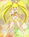  blonde_hair boots bow brooch cure_sunshine heartcatch_precure! heartcatch_pretty_cure! jewelry midriff miniskirt navel precure pretty_cure skirt twintails 