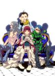  6+boys belt black_hair blue_eyes blue_hair couch explosive female_protagonist_(persona_3) glasses gothic_lolita grenade harumai hat headband highres iori_junpei lolita_fashion long_hair mochizuki_ryouji multiple_boys open_mouth persona persona_3 persona_3_portable red_eyes red_hair ribbon sakaki_takaya scarf shirato_jin shirtless short_hair silhouette sketchbook smile tattoo white_hair yoshino_chidori 